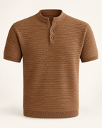 Textured knit Henley in Camel — studio view