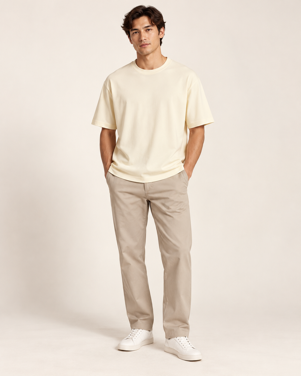 Cream essential crew-neck tee on model