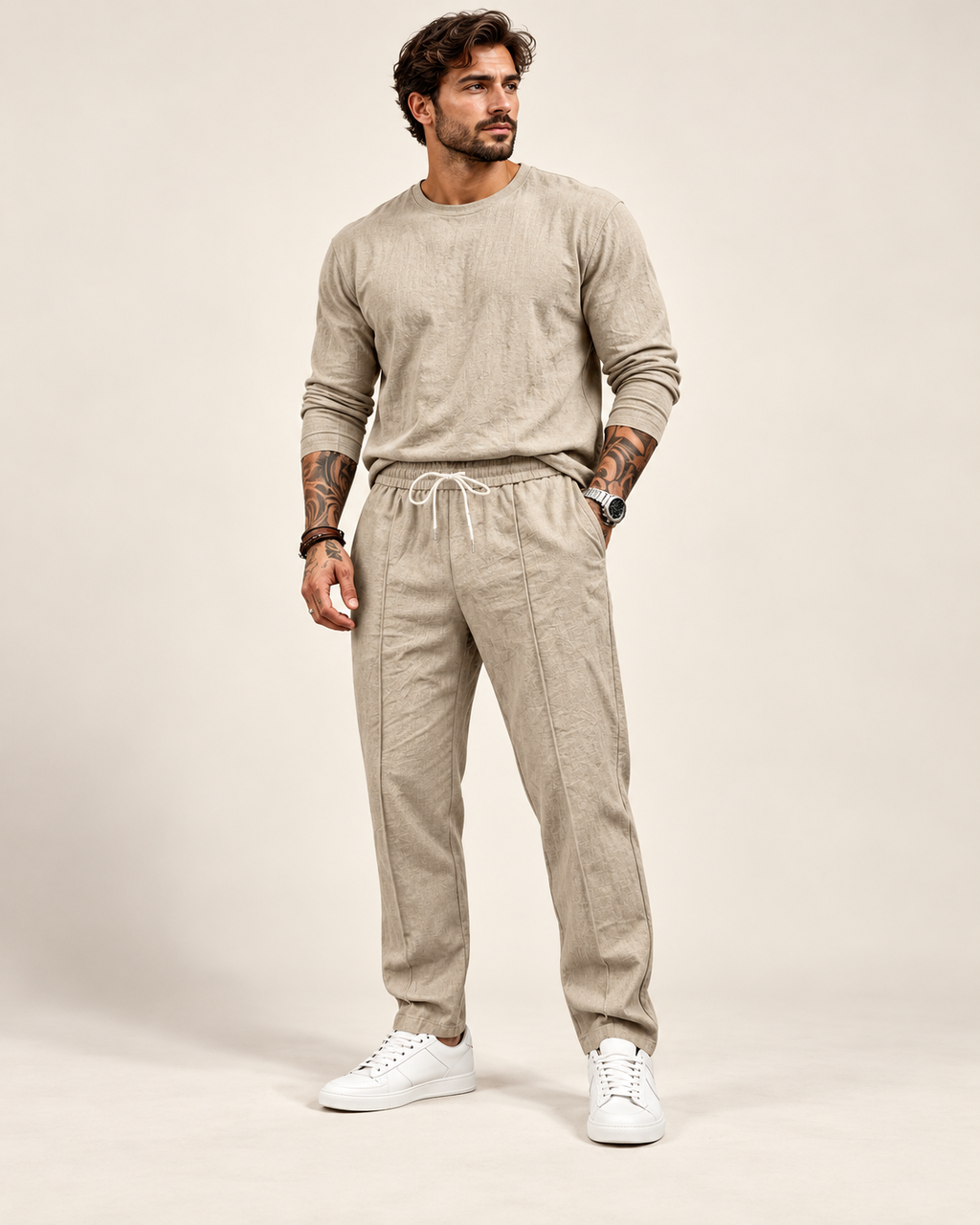 Textured drawstring trousers in Stone — model view