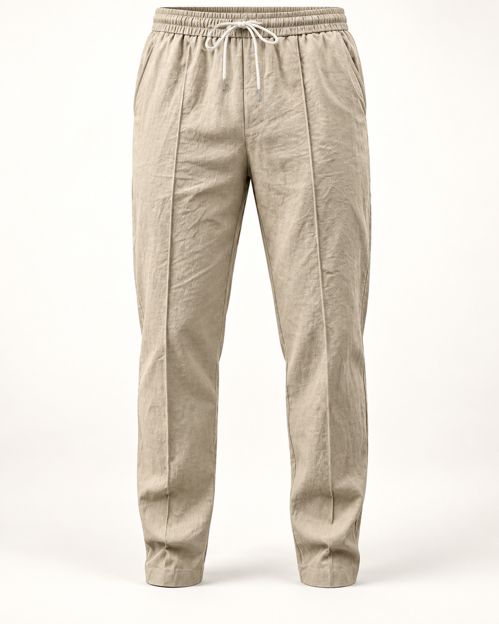 Textured drawstring trousers in Stone — studio view
