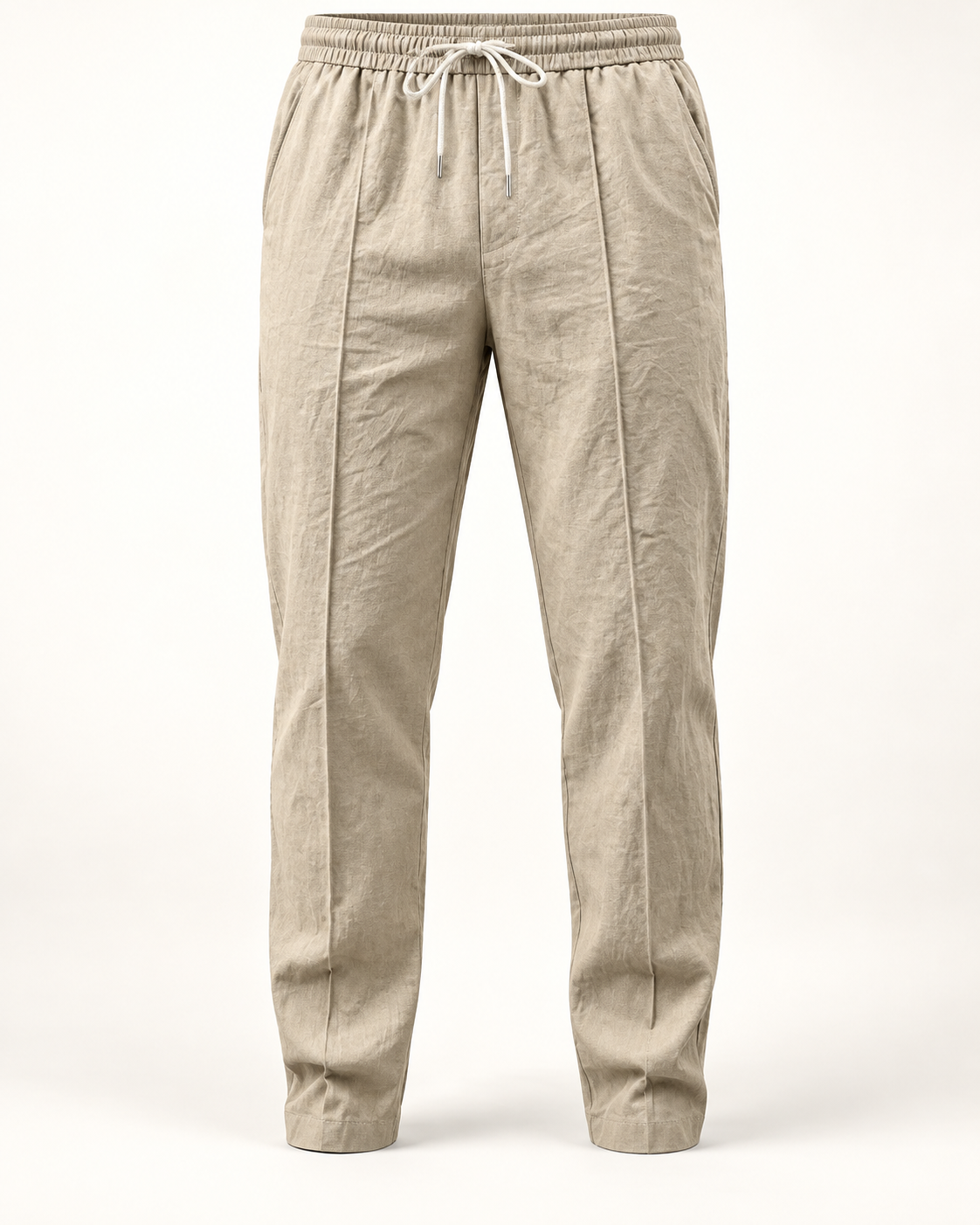Textured drawstring trousers in Stone — studio view