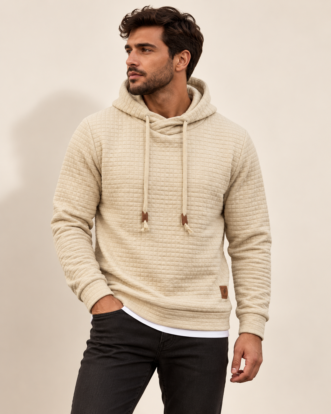 Textured pullover hoodie in Beige — model view