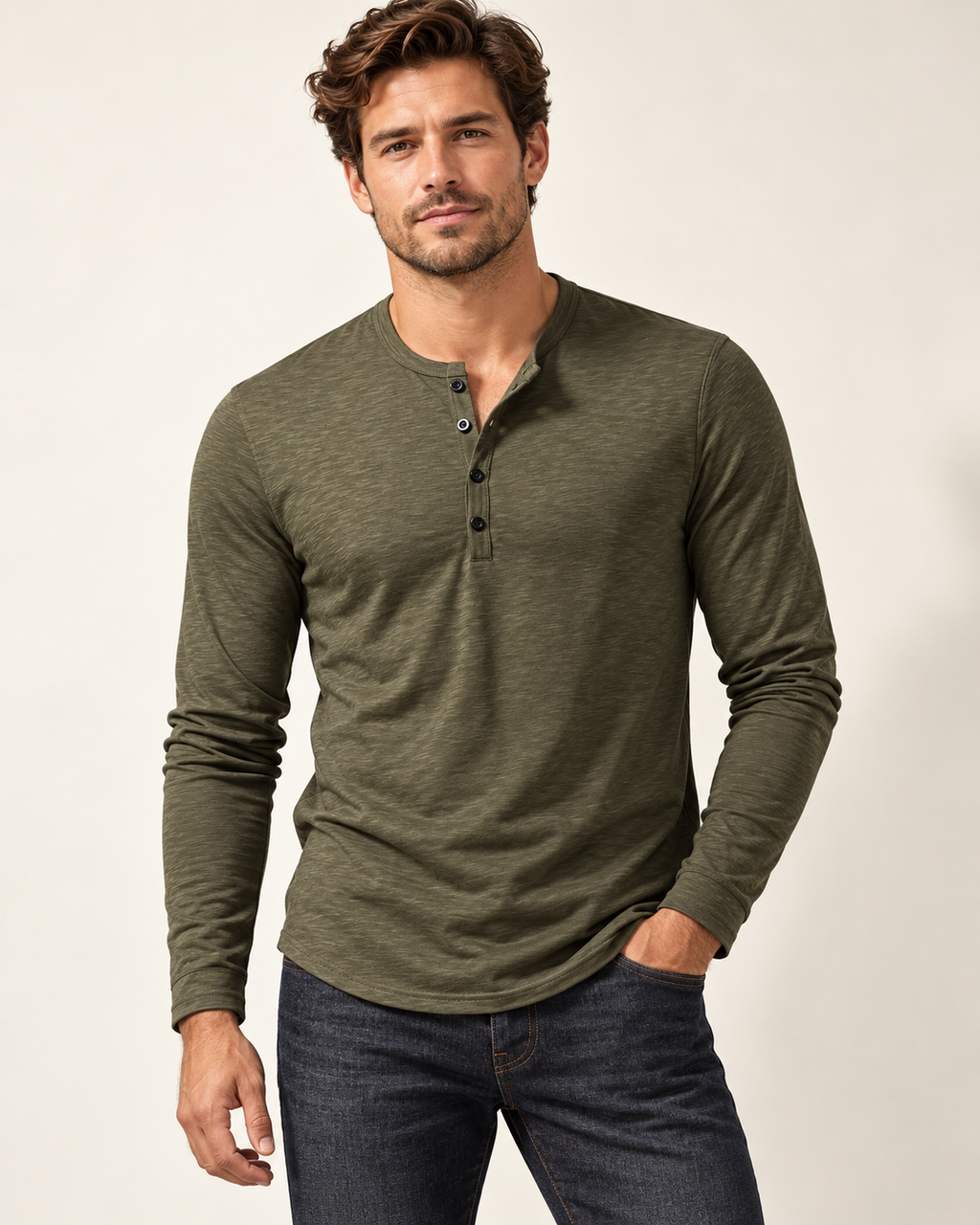 Cotton long-sleeve Henley in Olive — model view