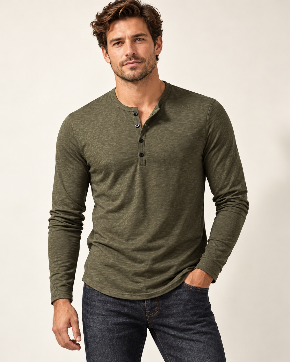 Cotton long-sleeve Henley in Olive — model view