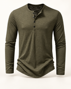 Cotton long-sleeve Henley in Olive — studio view