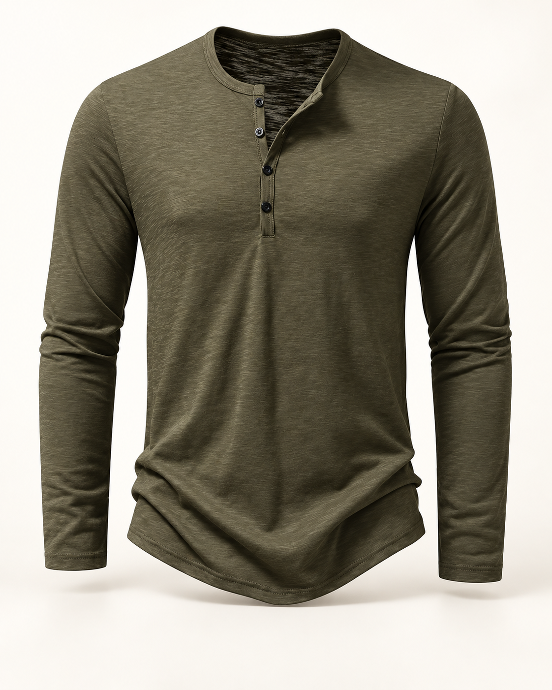 Cotton long-sleeve Henley in Olive — studio view