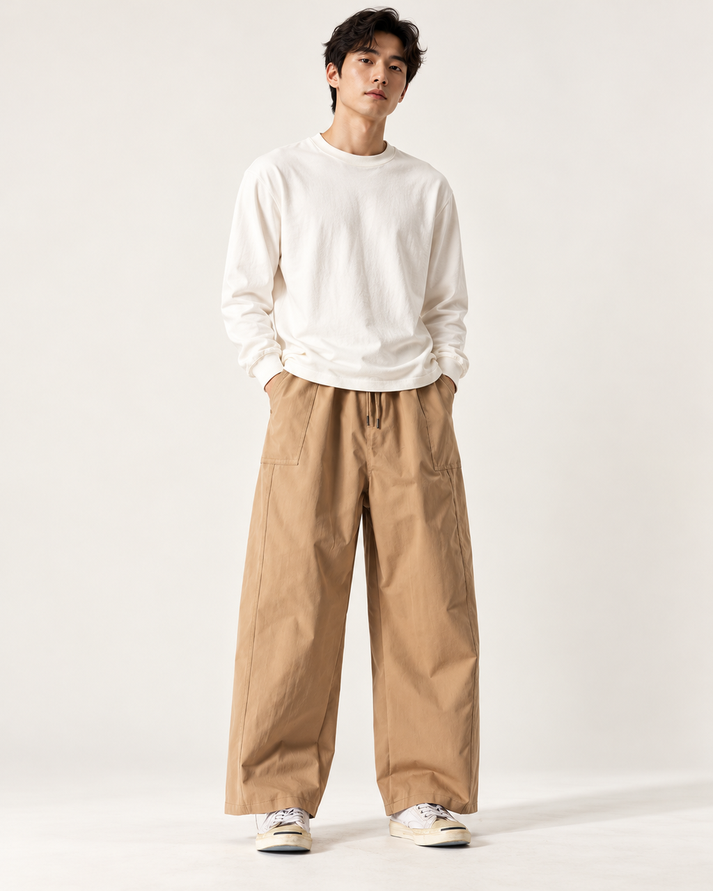 Relaxed wide-leg trousers in Stone — model view