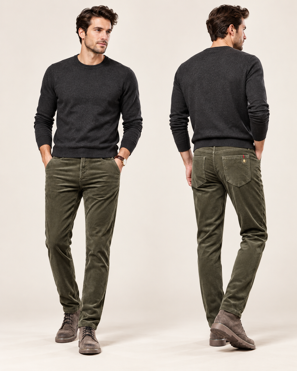 Corduroy straight trousers in Olive — model view