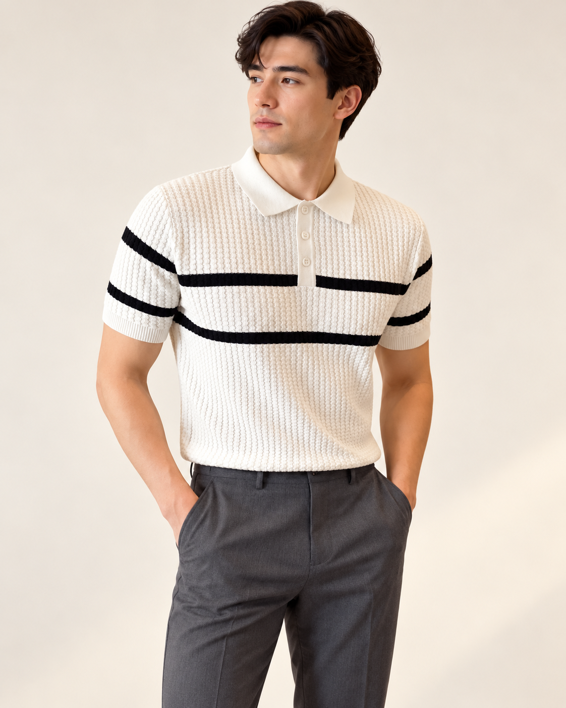 Textured stripe polo in White — model view
