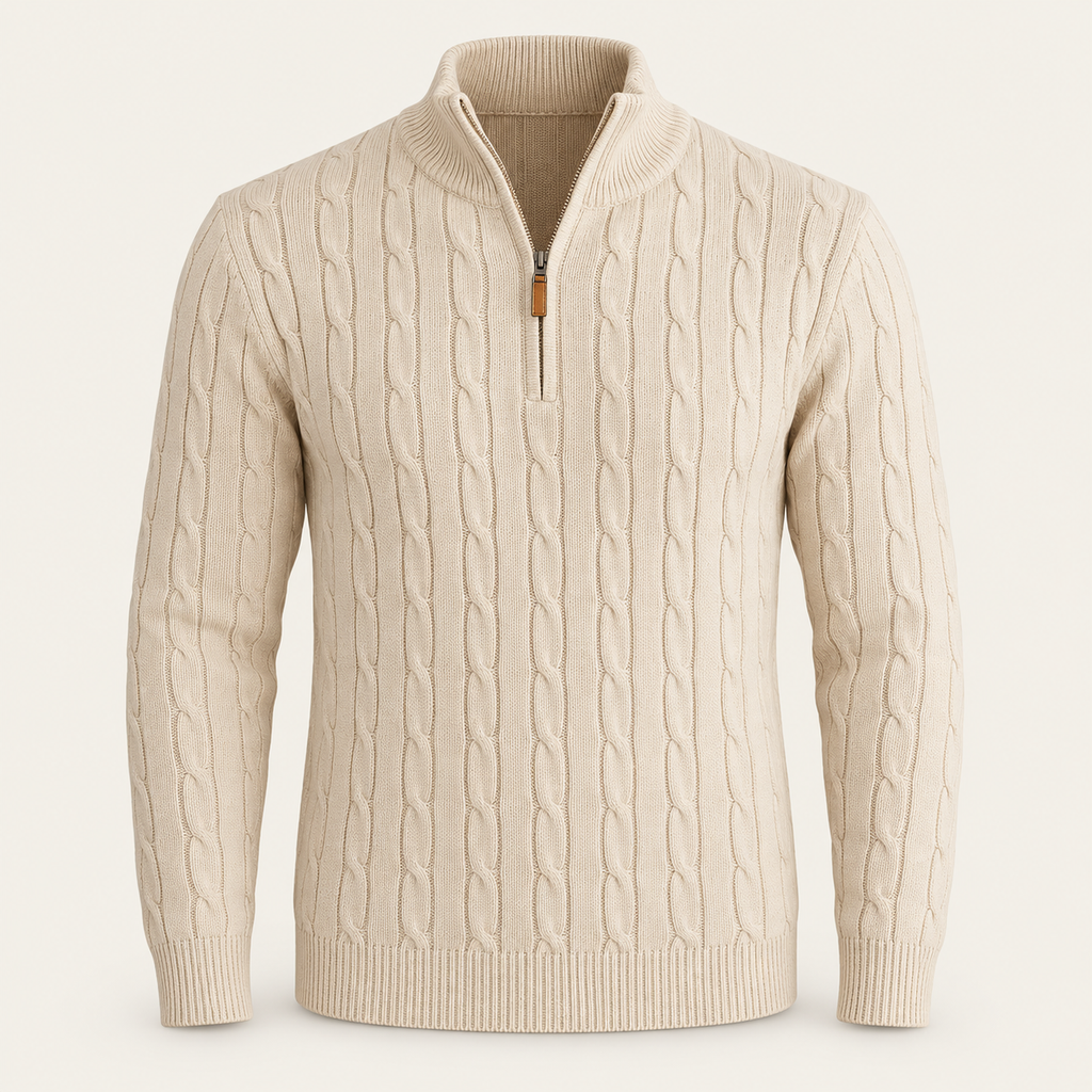 Studio view of knitwear on an ivory background