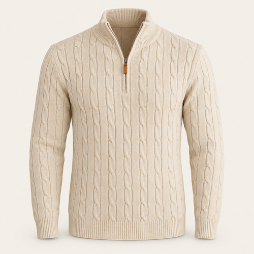Studio view of knitwear on an ivory background