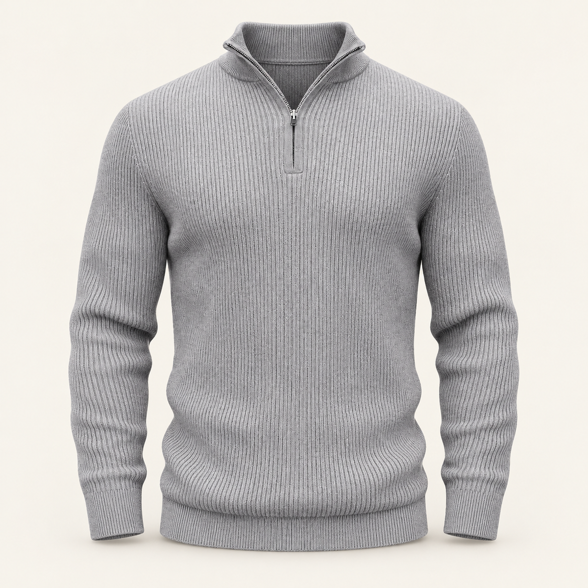 Studio view of knitwear on an ivory background