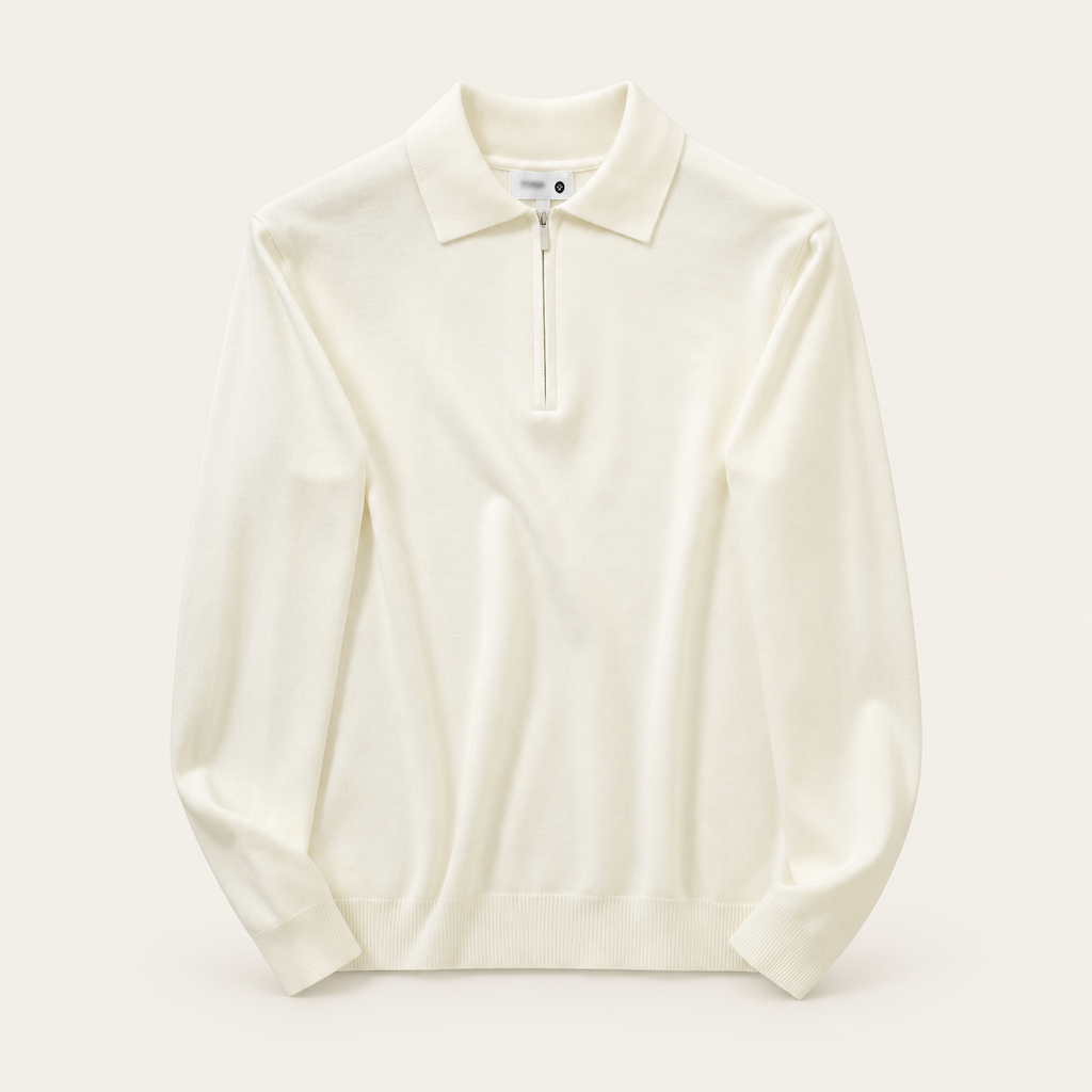 Studio view of knitwear on an ivory background