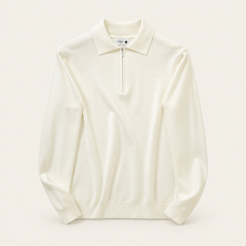Studio view of knitwear on an ivory background