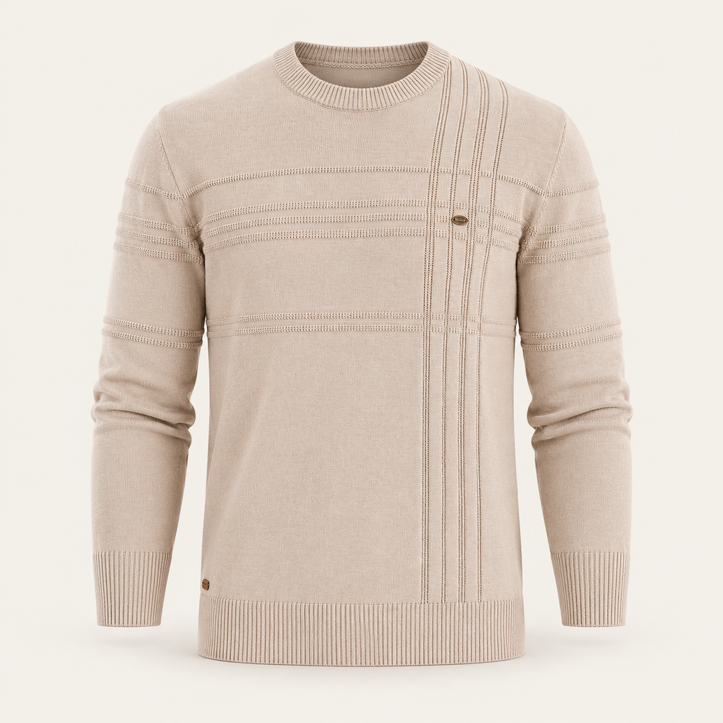 Studio view of knitwear on an ivory background