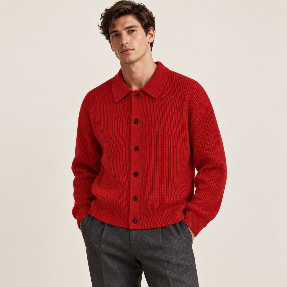 Ribbed collar cardigan — model view