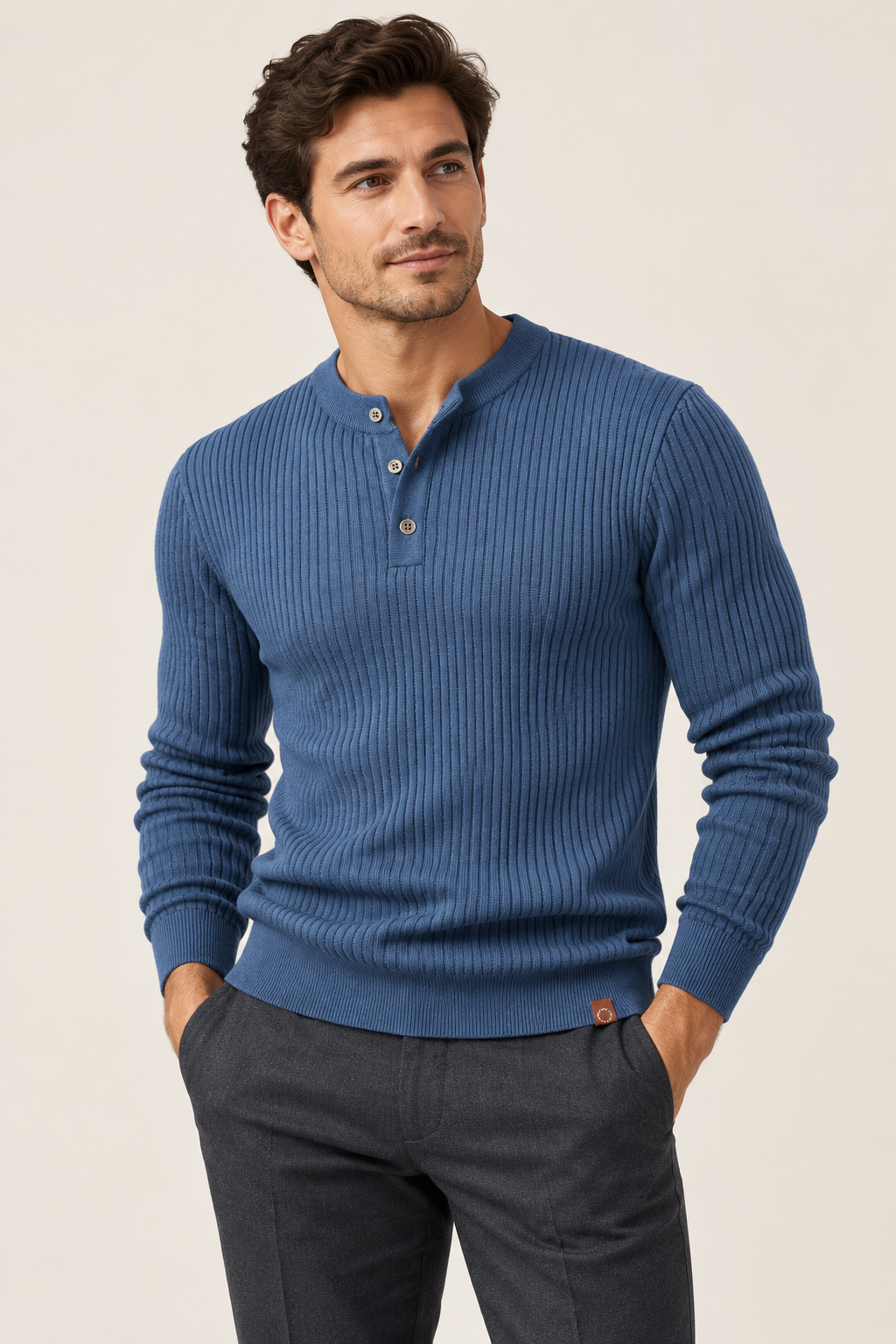 Ribbed Henley knit — model view