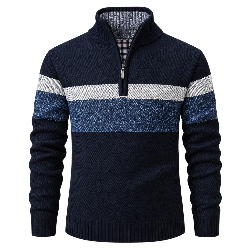 Striped winter quarter zip — studio view