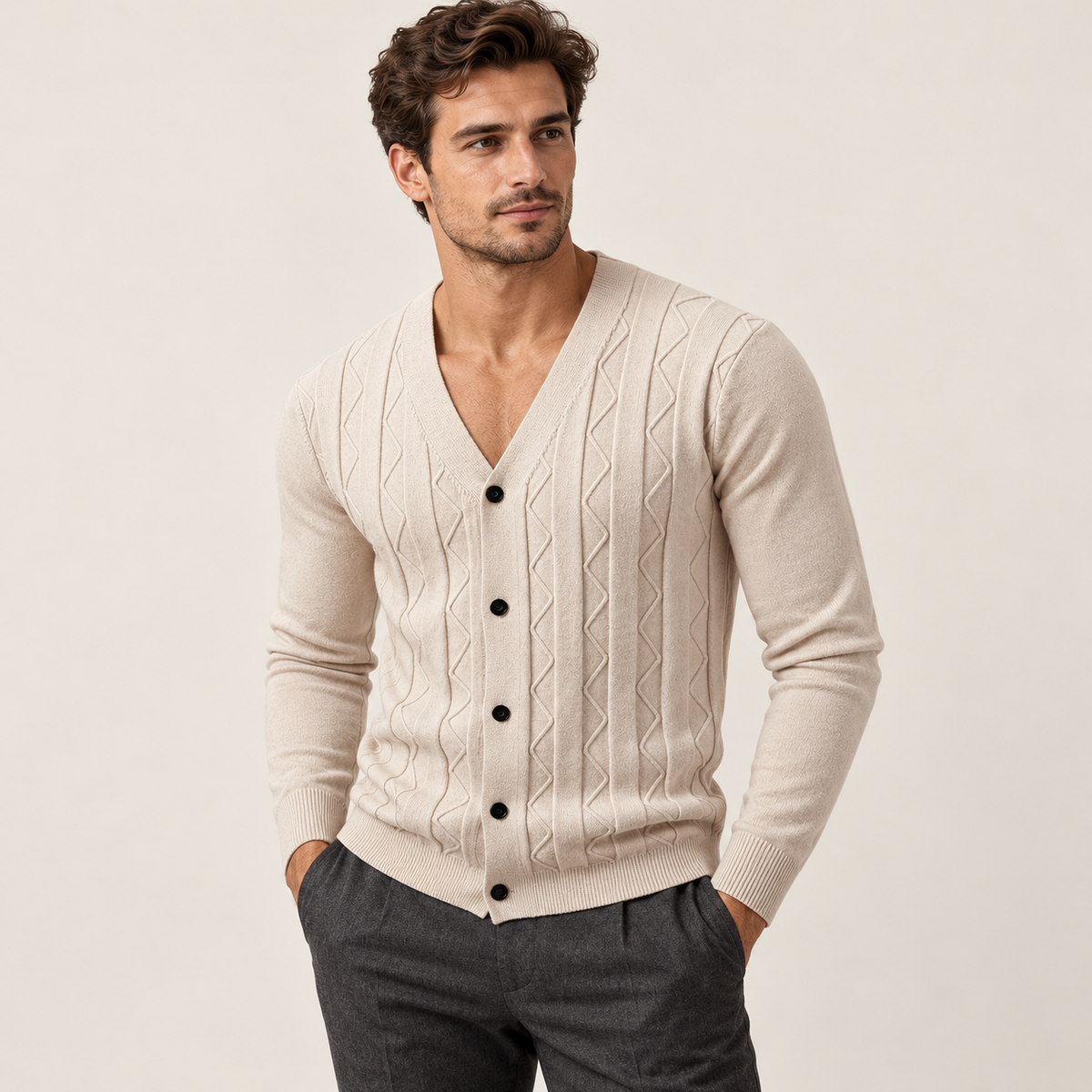 Textured V-neck cardigan — model view