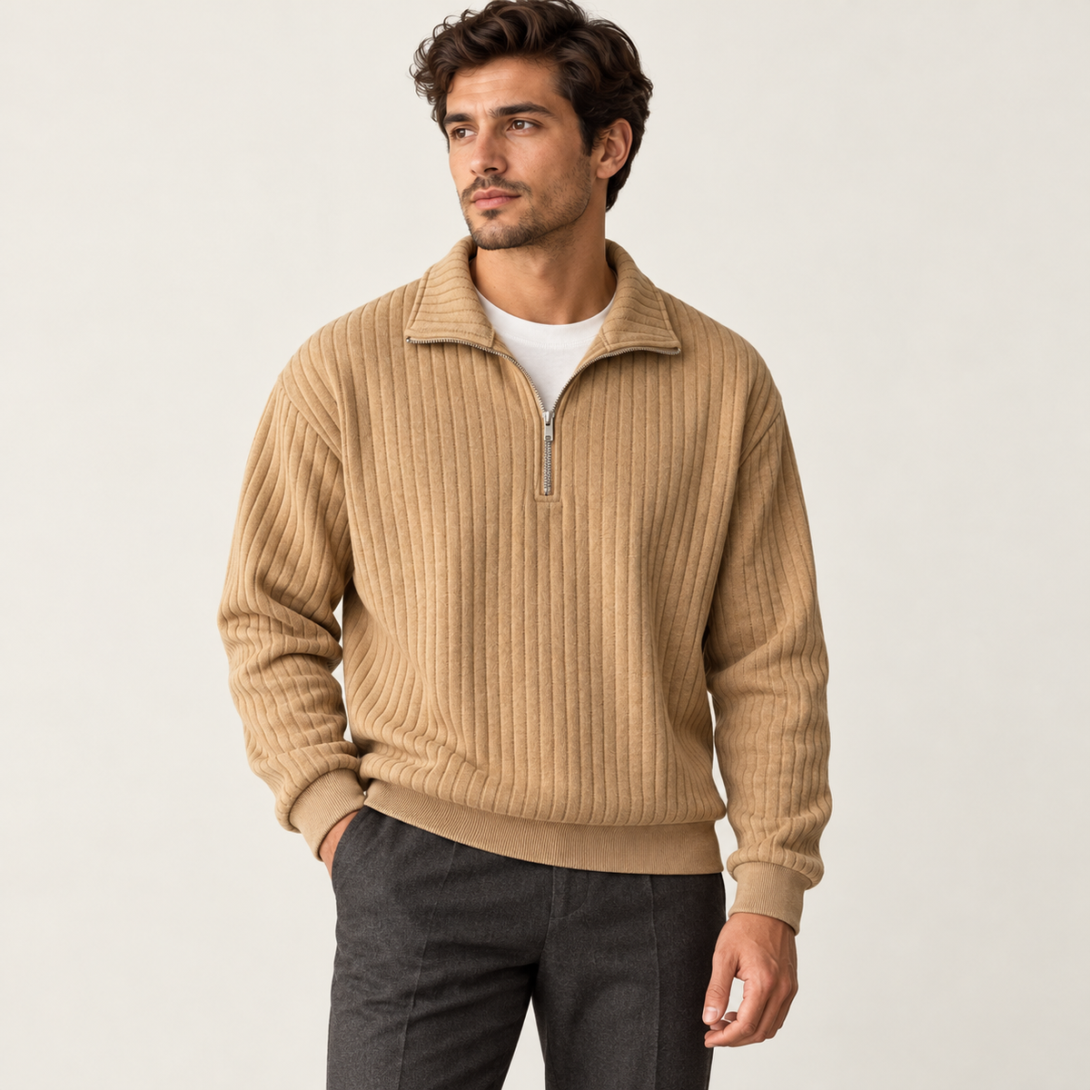 Ribbed quarter zip — model view