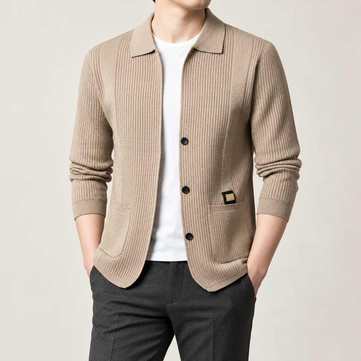 Pocket collar cardigan — model view