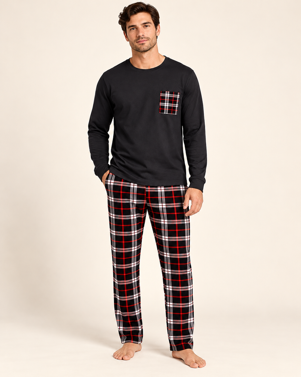 Tartan-trim lounge set — model view