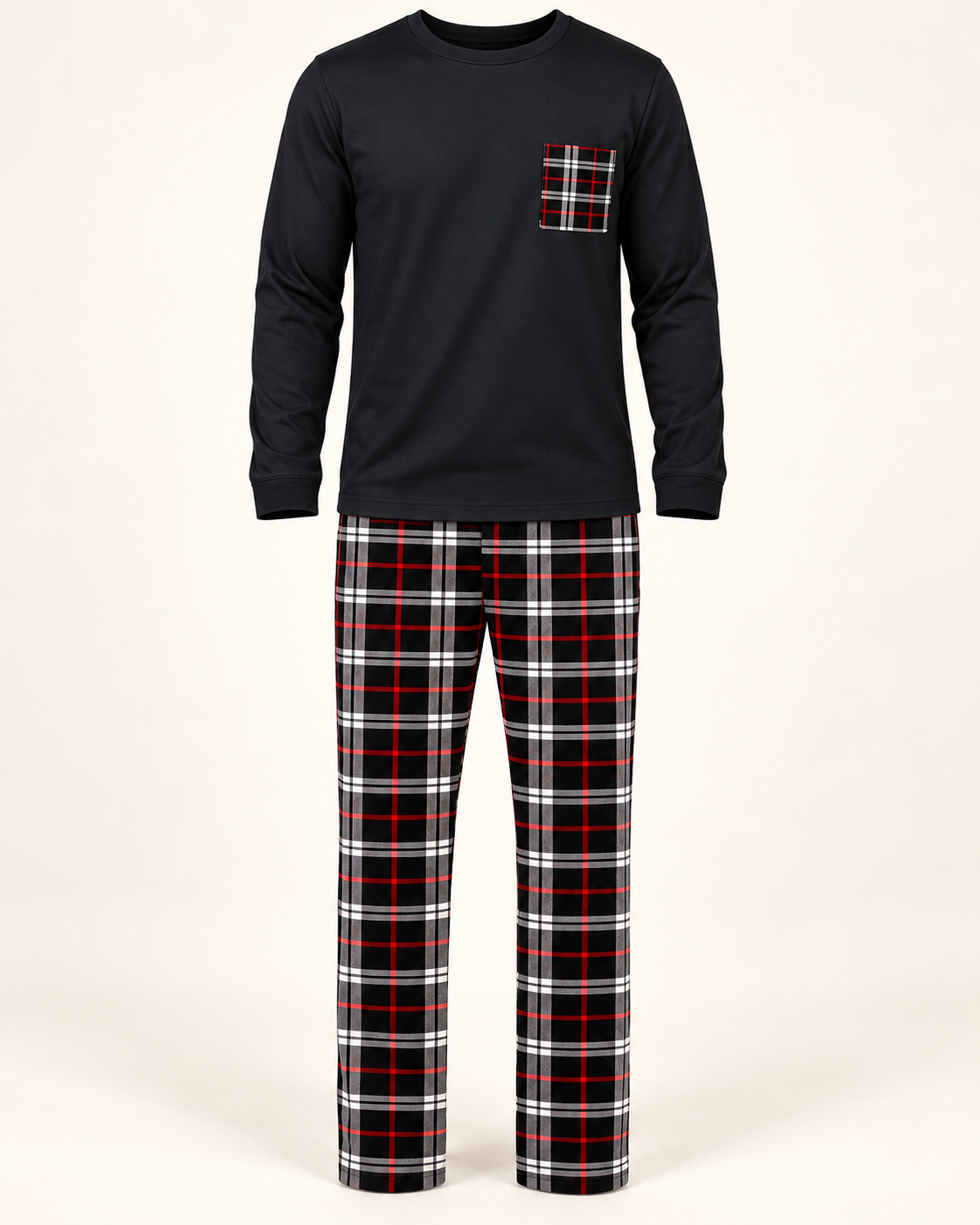 Tartan-trim lounge set — studio view