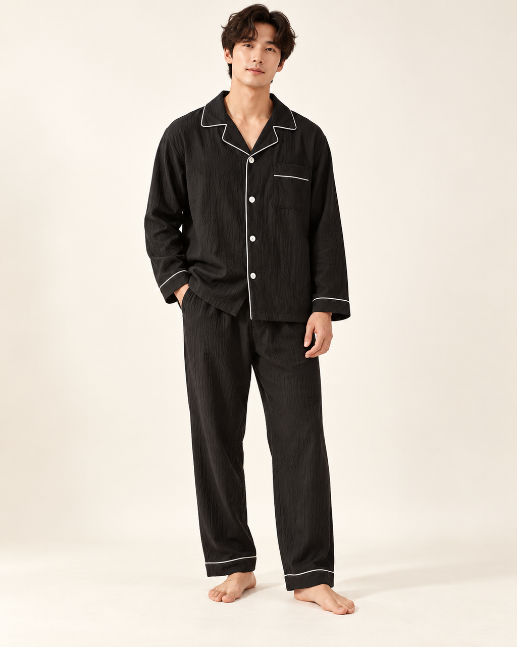 Textured piped pyjamas — model view