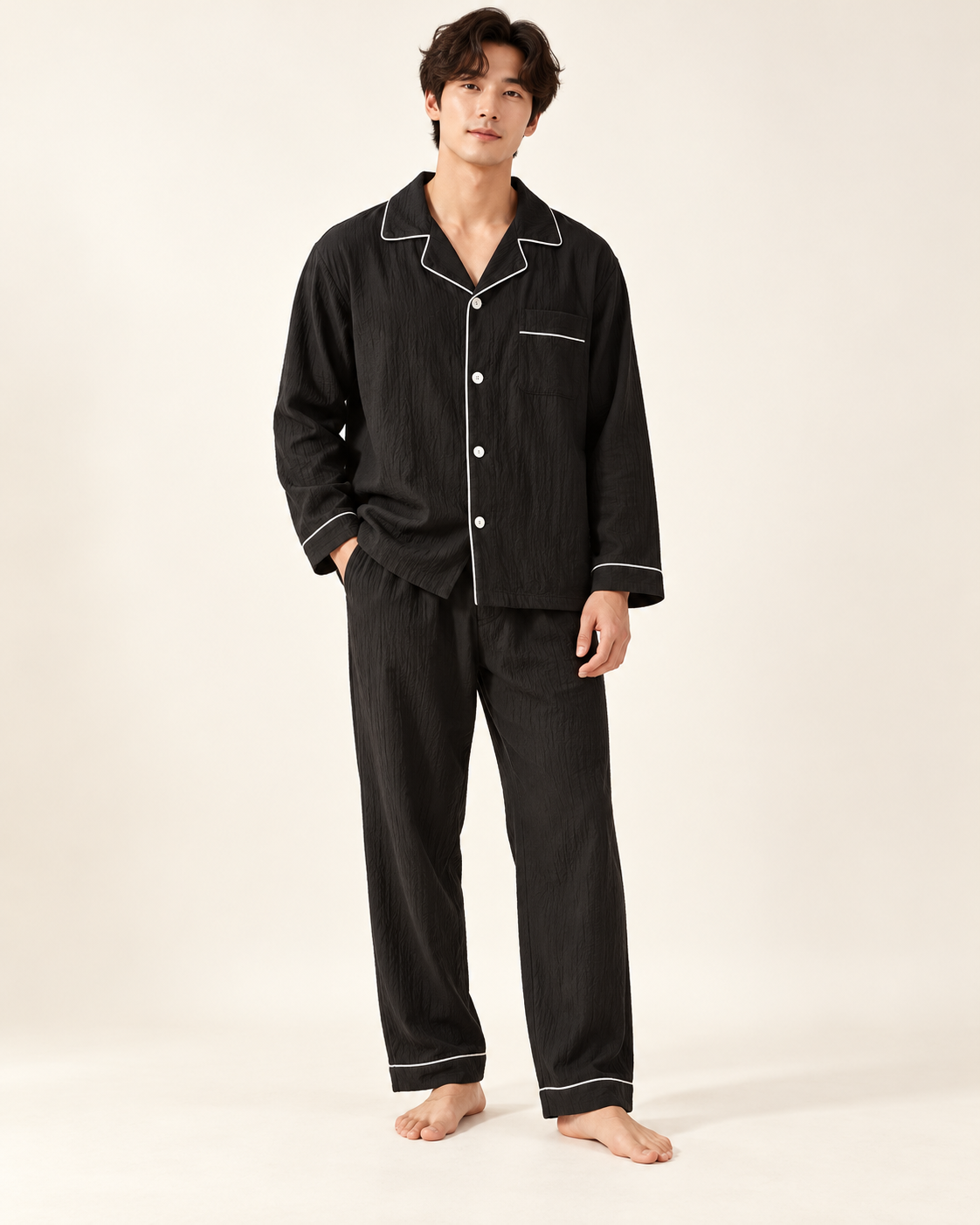Textured piped pyjamas — model view