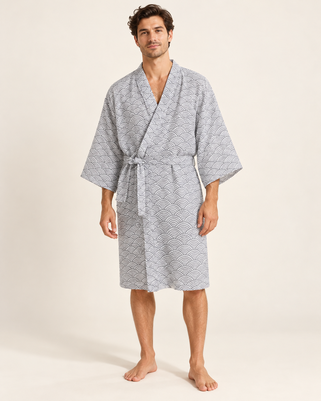 Patterned gauze robe — model view