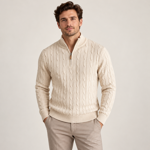 Model wearing the cream cable knit half zip sweater