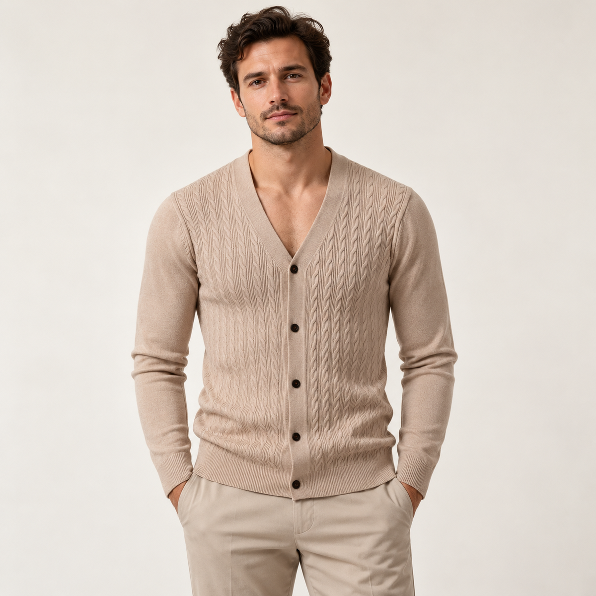 Model wearing knitwear in a neutral studio