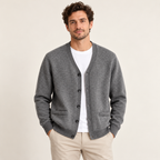 Model wearing the grey pocket cardigan