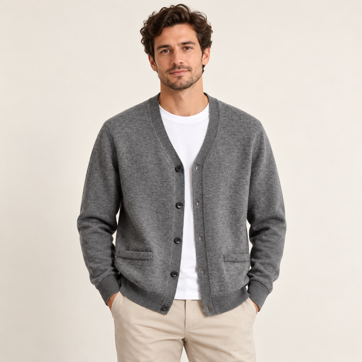 Model wearing the grey pocket cardigan