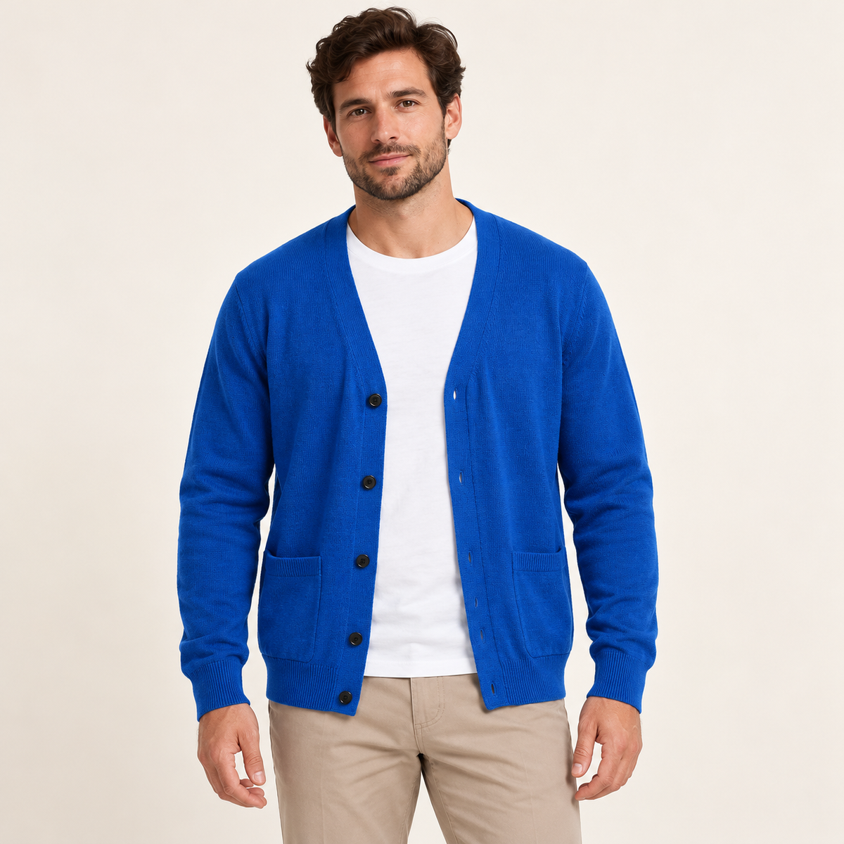Model wearing the blue pocket cardigan