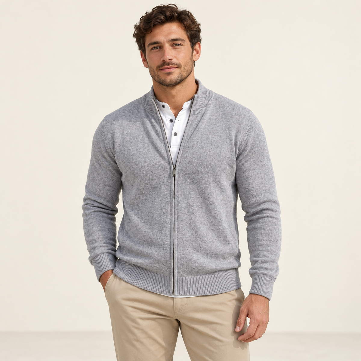 Model wearing knitwear in a neutral studio