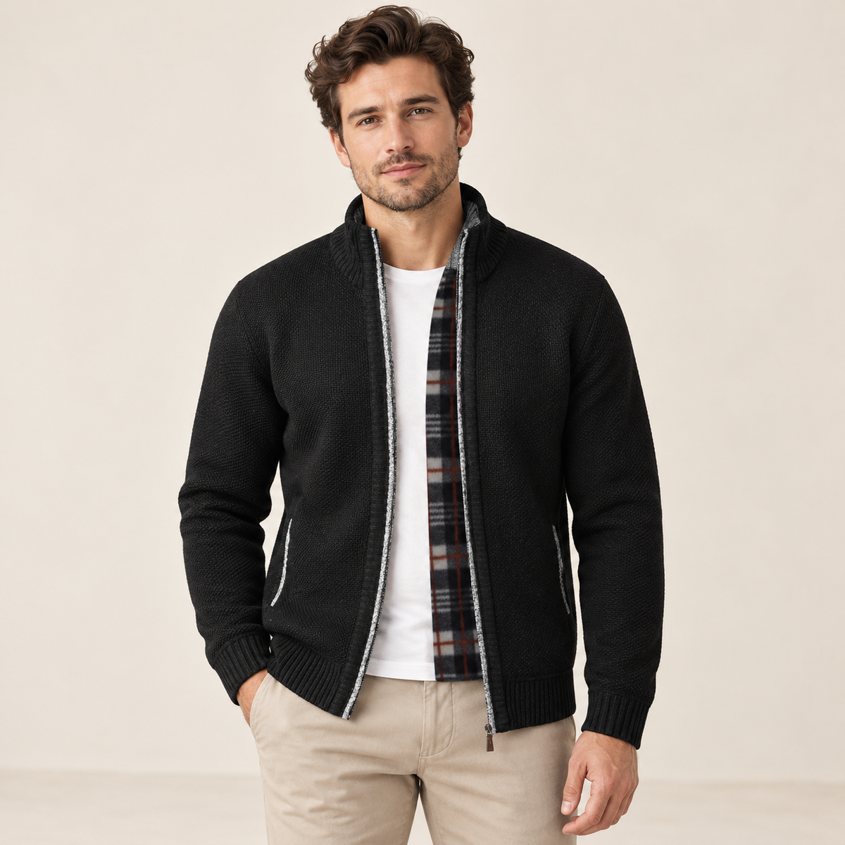 Model wearing knitwear in a neutral studio