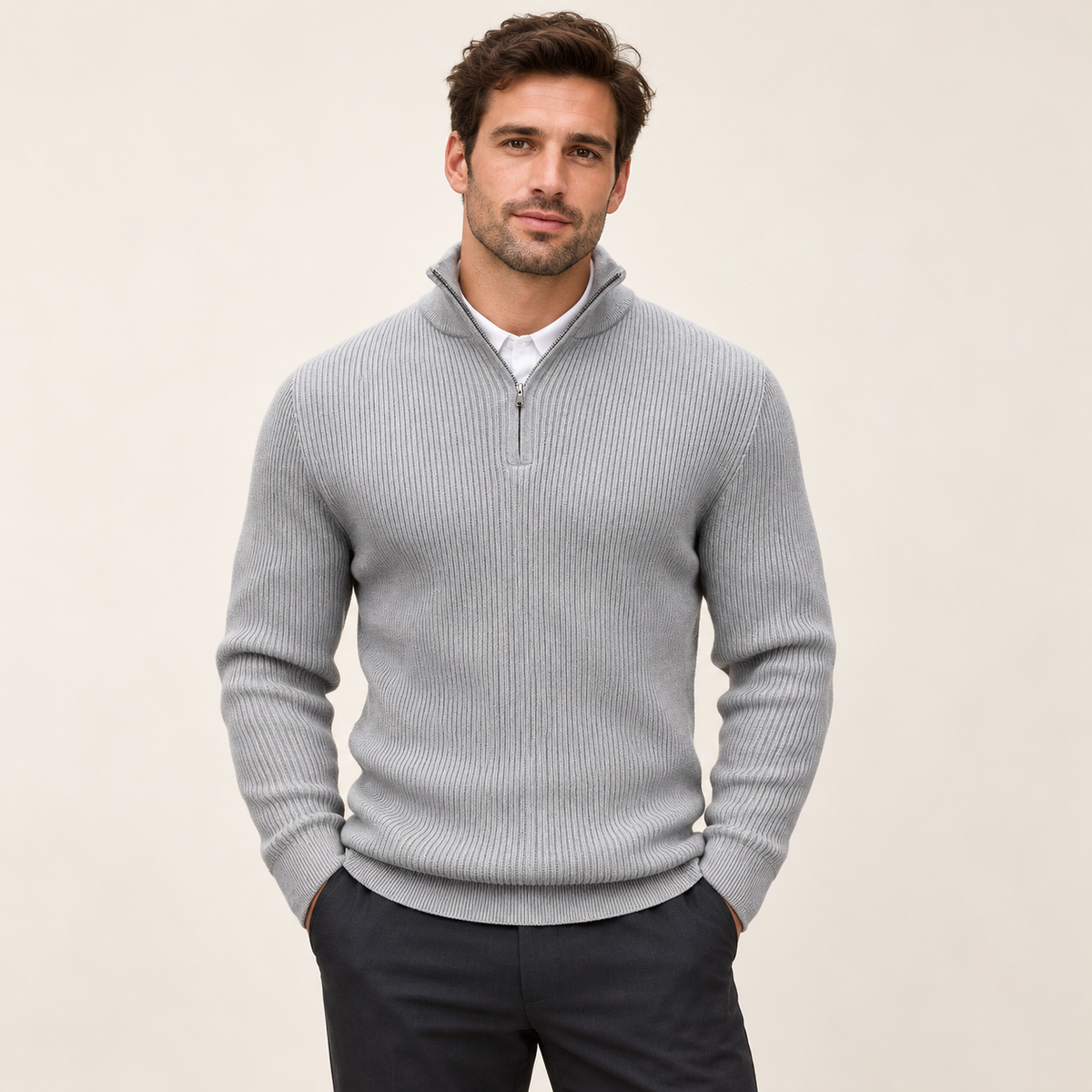 Model wearing knitwear in a neutral studio