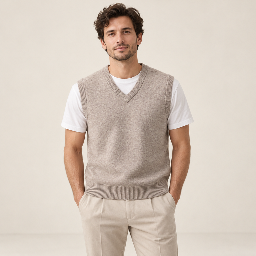 Model wearing knitwear in a neutral studio