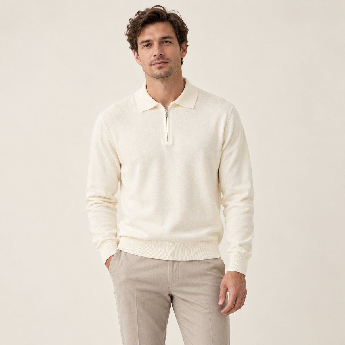 Model wearing knitwear in a neutral studio