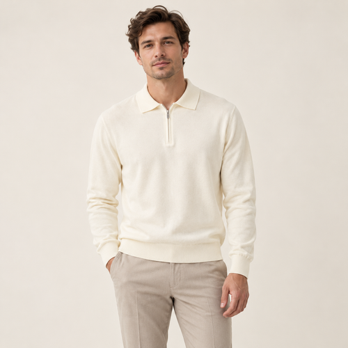 Model wearing knitwear in a neutral studio