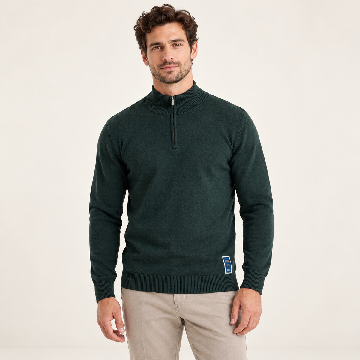 Model wearing knitwear in a neutral studio