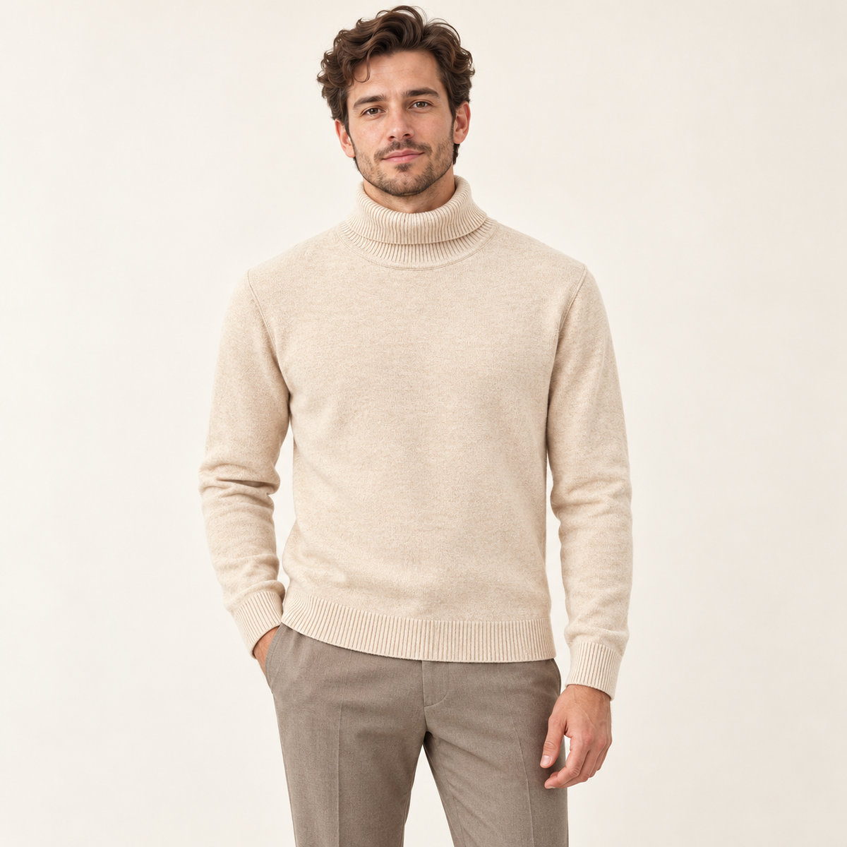 Model wearing knitwear in a neutral studio