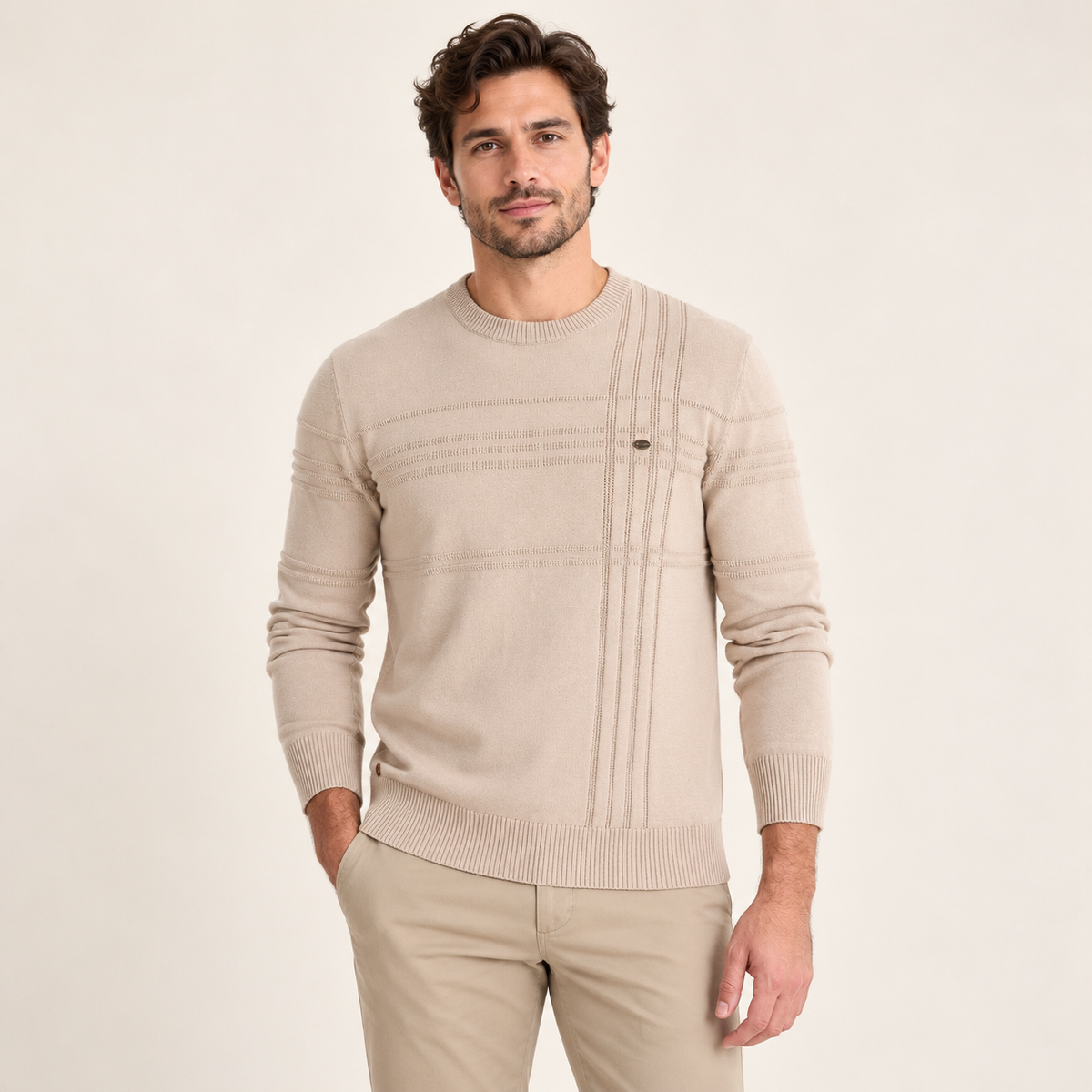 Model wearing knitwear in a neutral studio