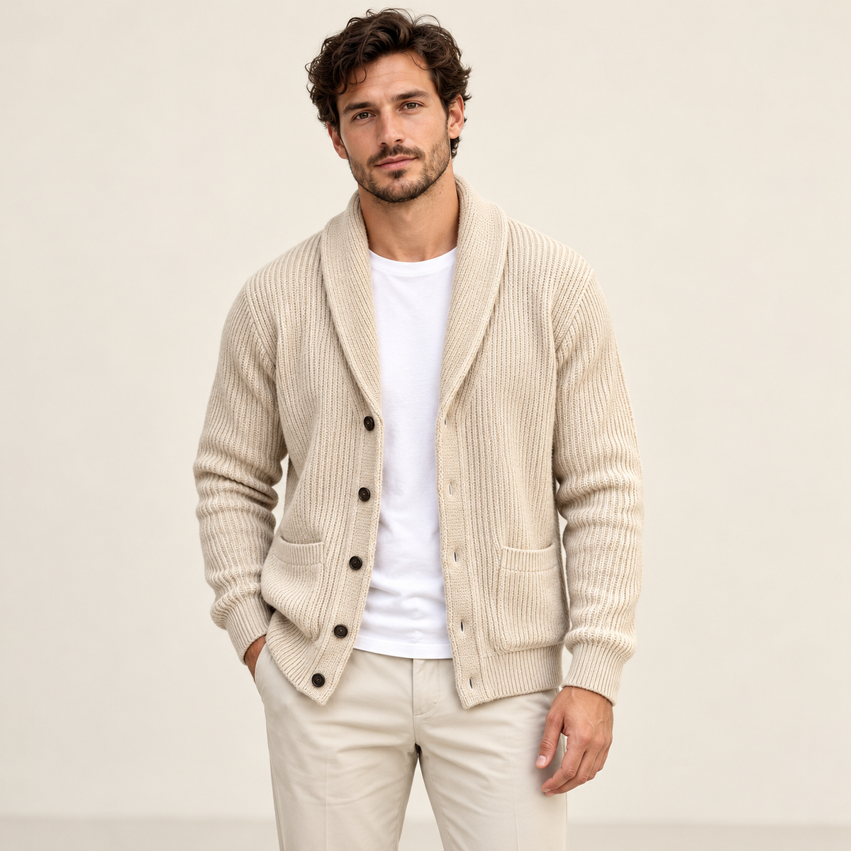 Model wearing knitwear in a neutral studio