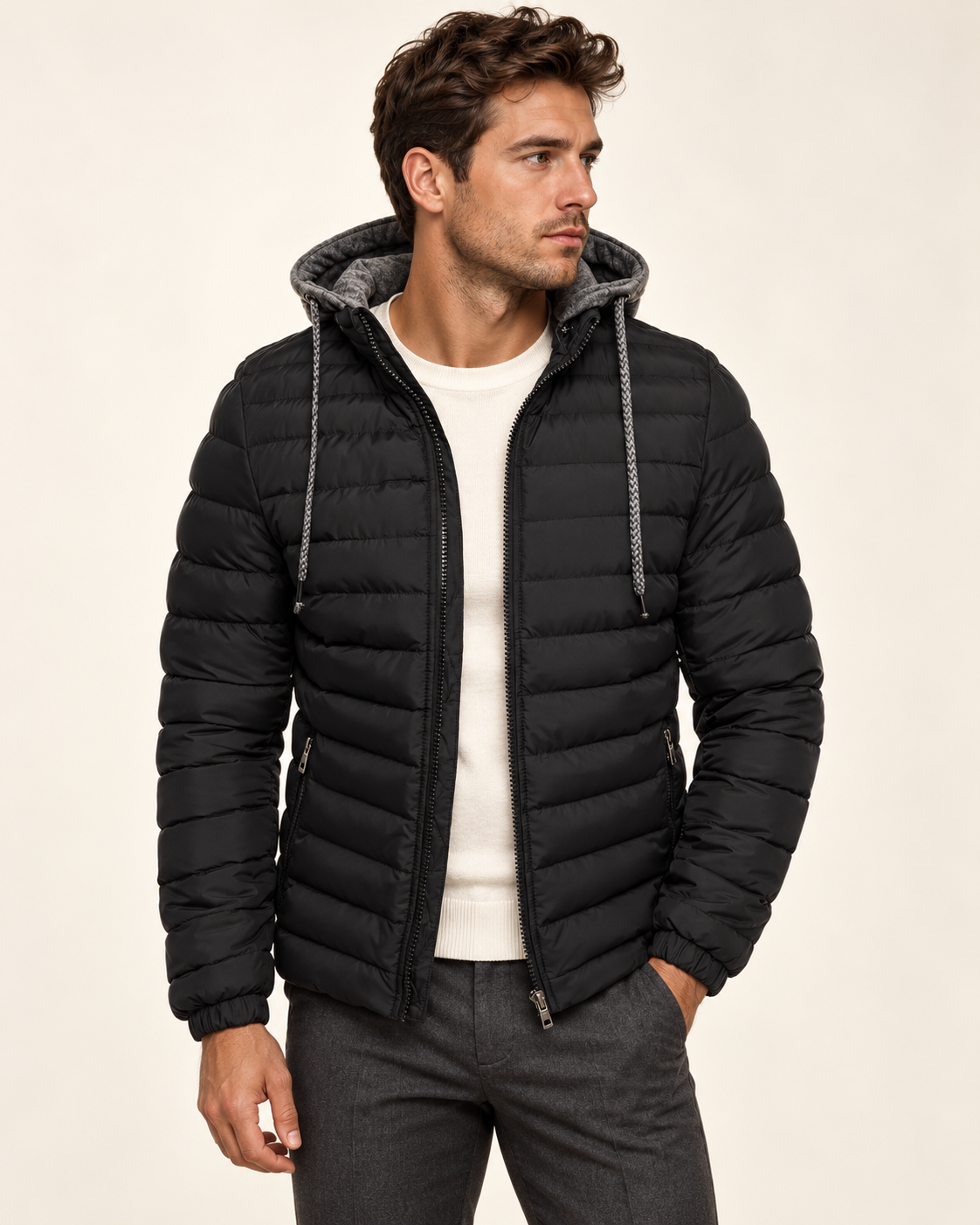 Hooded quilted puffer — model photograph
