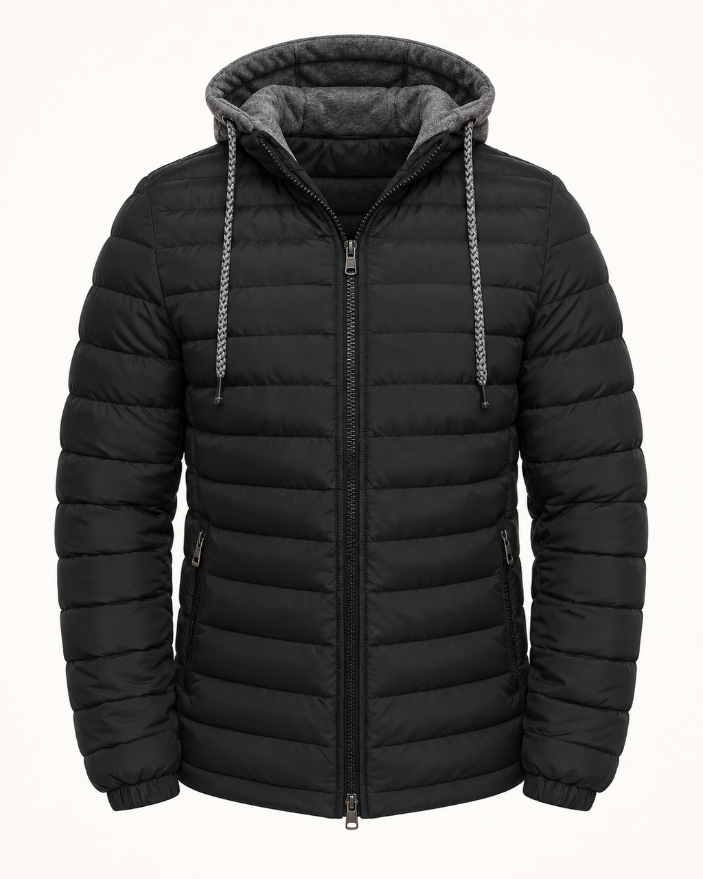 Hooded quilted puffer — studio photograph