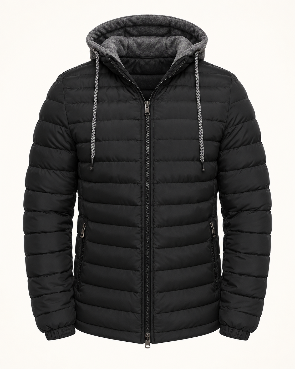 Hooded quilted puffer — studio photograph