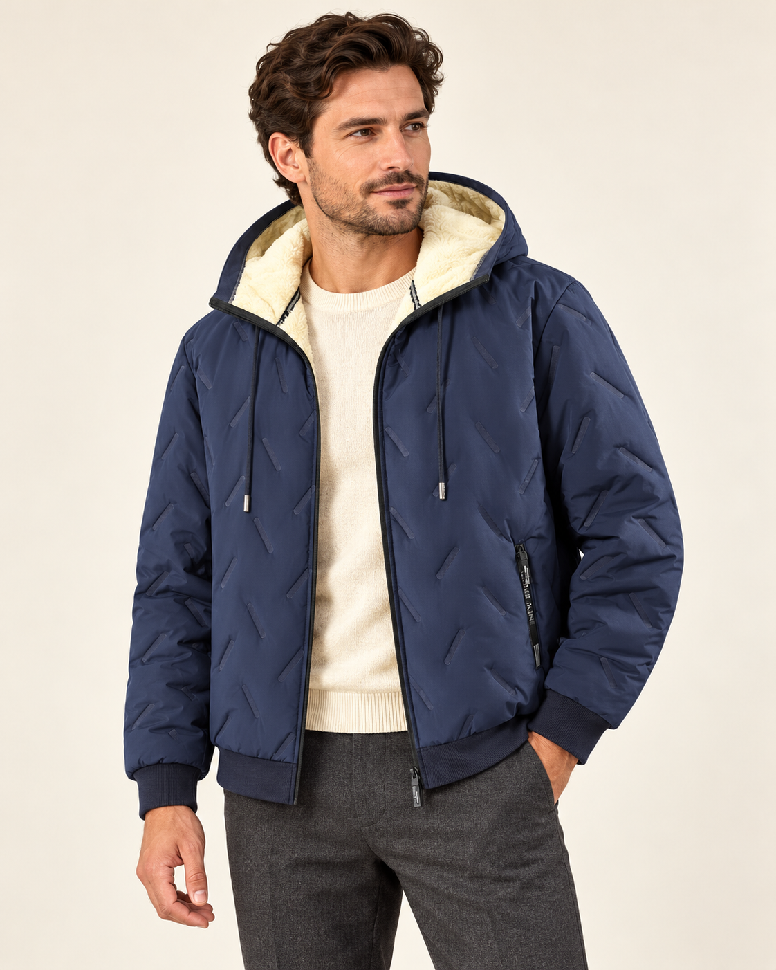 Fleece-lined hooded jacket — model photograph