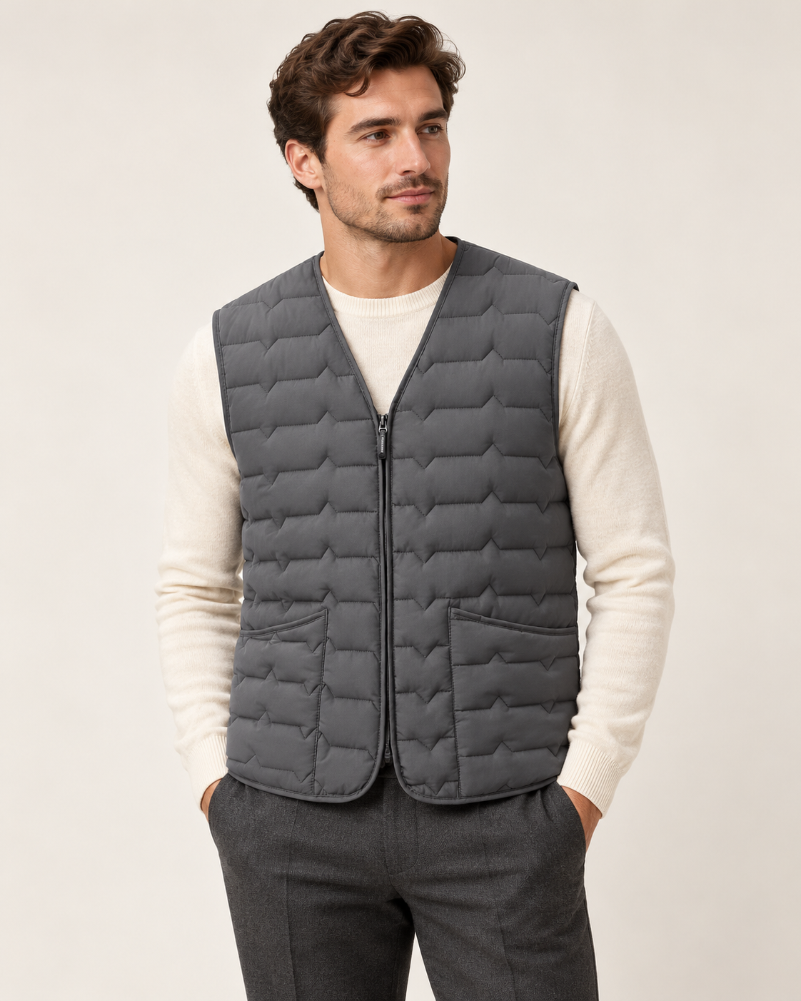 Wave-quilted gilet — model photograph